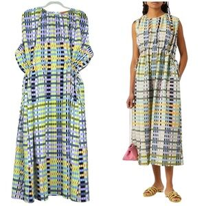 Stine Goya Rowena Check Pattern Crepe Midi Dress Size XXL Cottagecore Resort